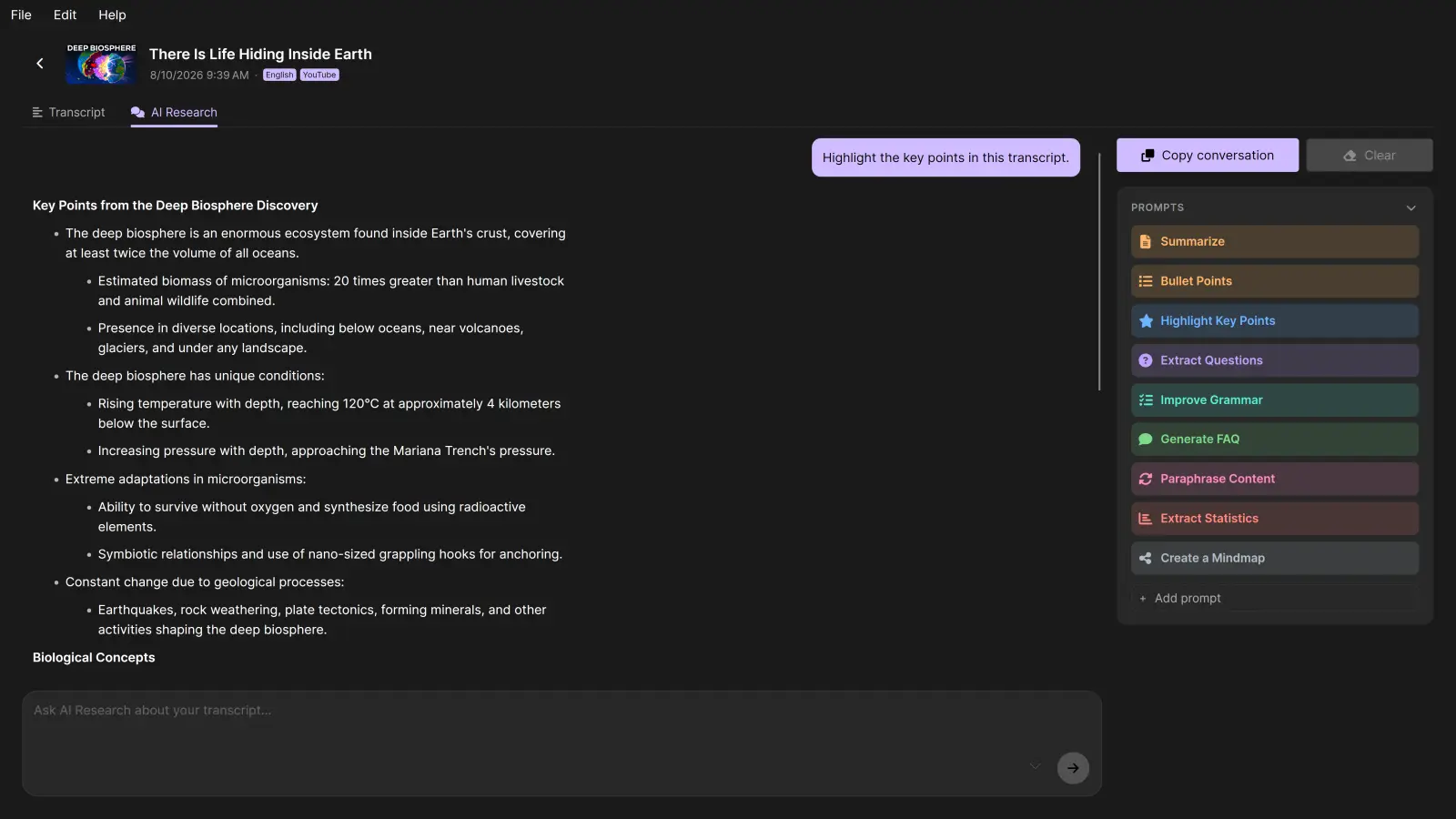 The TrueScribe AI Research view answering “Highlight the key points in this transcript” with a bulleted summary, beside a list of saved prompts such as Summarize, Bullet Points and Generate FAQ.