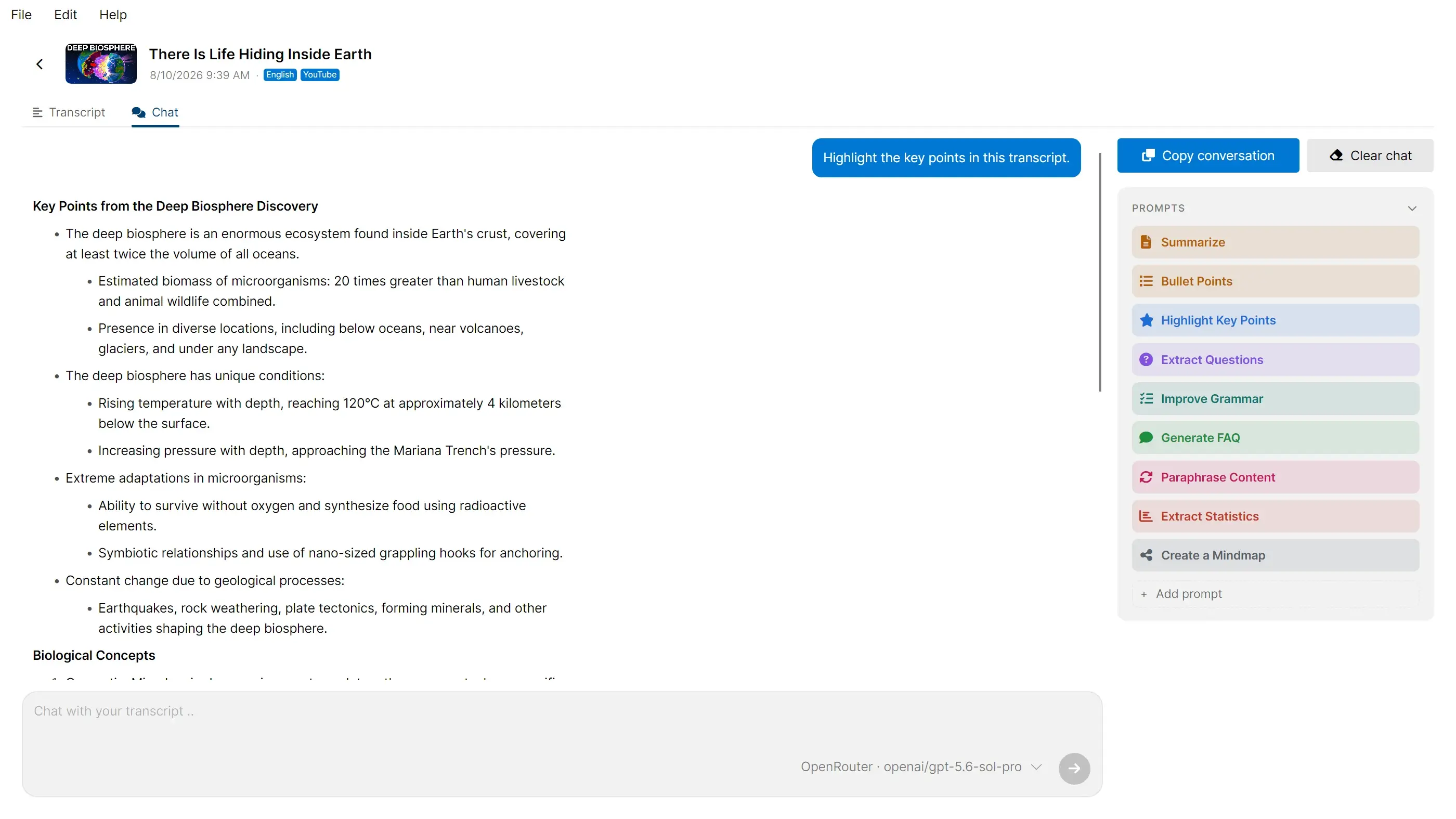 The TrueScribe AI Research view answering “Highlight the key points in this transcript” with a bulleted summary, beside a list of saved prompts such as Summarize, Bullet Points and Generate FAQ.