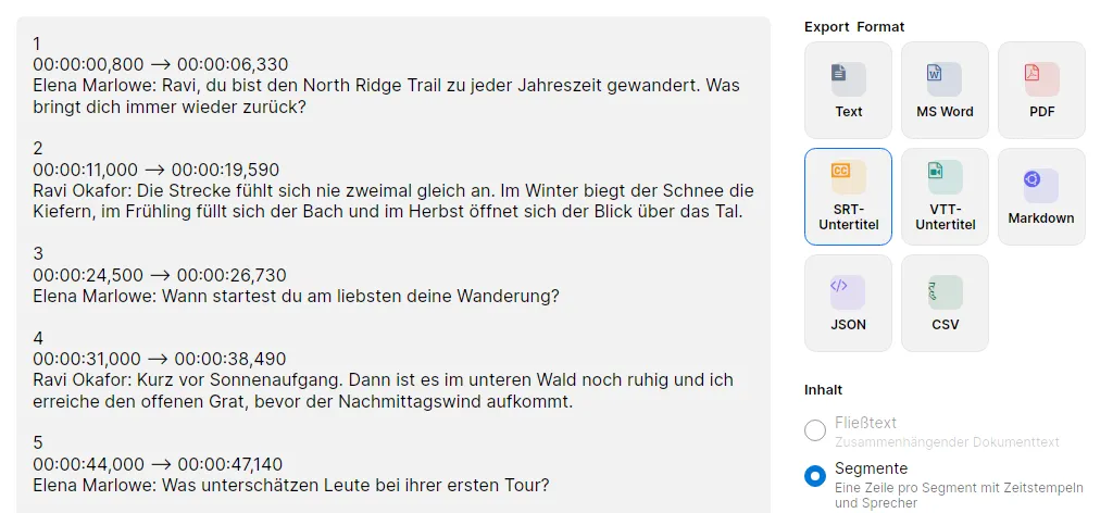 Der Exportdialog mit ausgewählten SRT-Untertiteln und der Vorschau nummerierter Untertitel mit Zeitstempeln und Sprechernamen