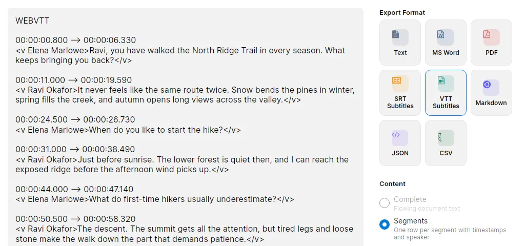 The same transcript as a WebVTT preview, starting with WEBVTT and with voice tags around each line