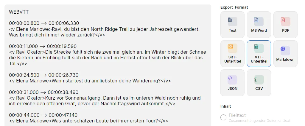 Dasselbe Transkript als WebVTT-Vorschau, beginnend mit WEBVTT und mit Voice-Tags um jede Zeile