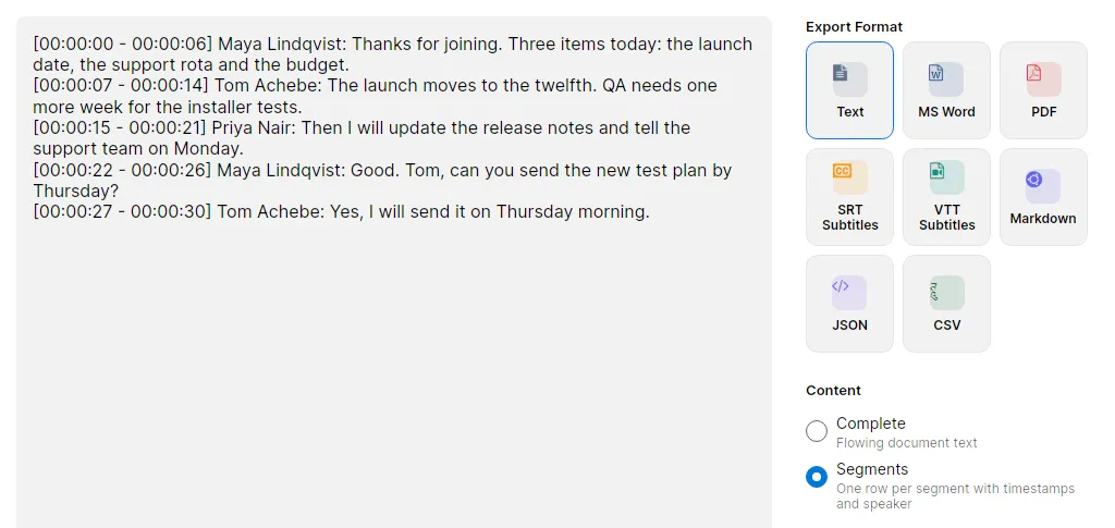The export dialog with a TXT preview in which each line starts with a timestamp and the speaker’s name