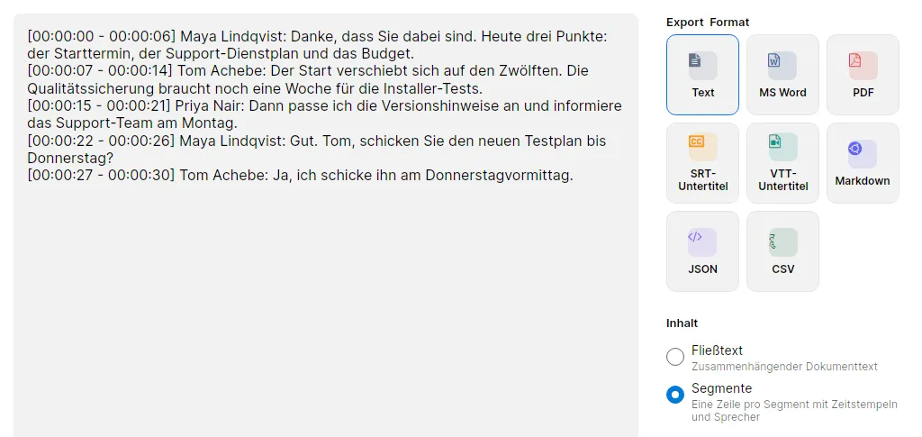 Der Exportdialog mit einer TXT-Vorschau, in der jede Zeile mit Zeitstempel und Sprechername beginnt