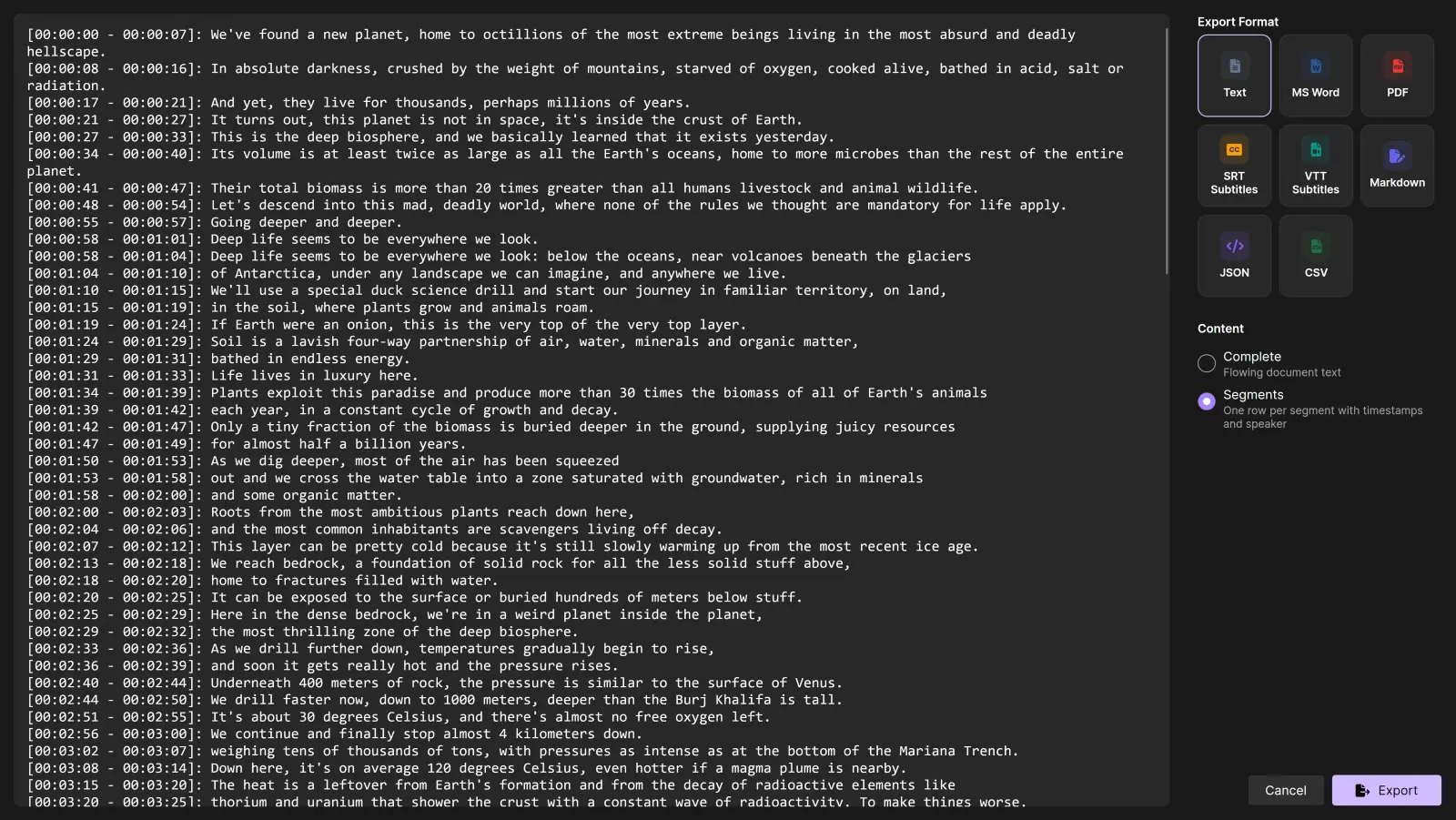 TrueScribe export dialog with a document preview and format options.