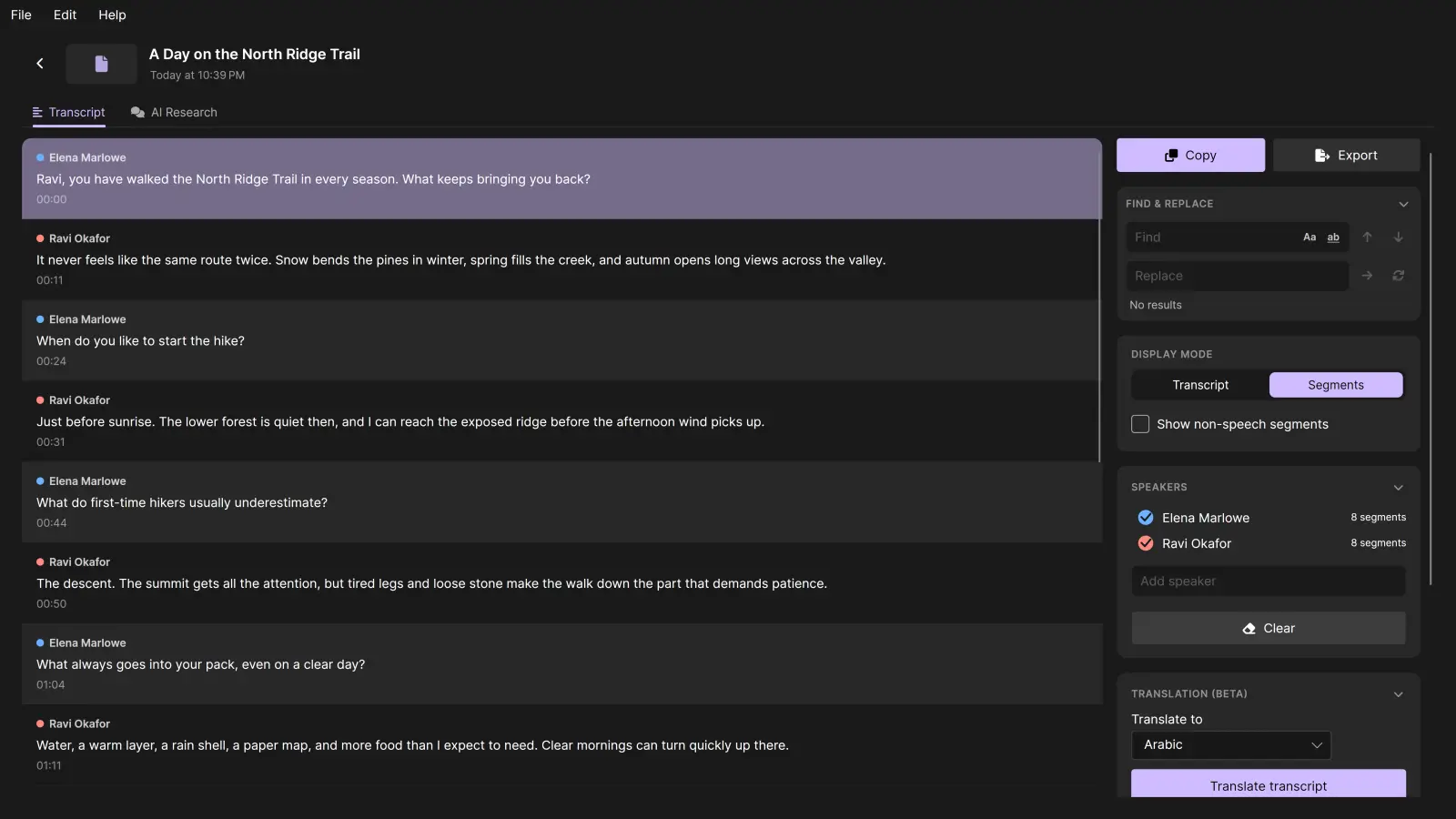 The TrueScribe transcript editor showing “A Day on the North Ridge Trail” with timestamped segments assigned to Elena Marlowe and Ravi Okafor, and the expanded Speakers panel listing both names.