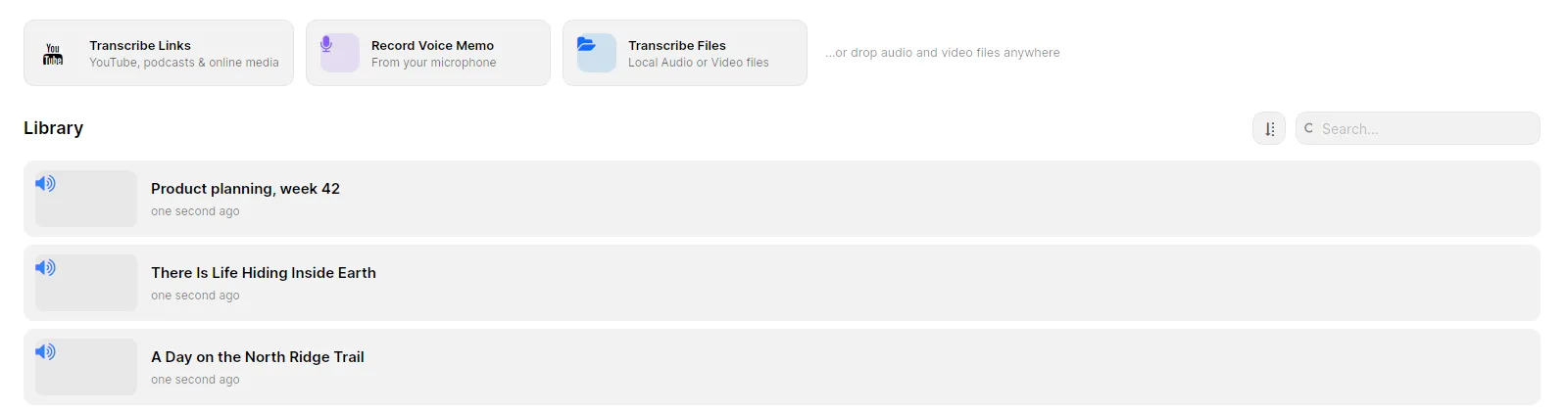 TrueScribe library with three recordings, the transcribe actions above it and the search box