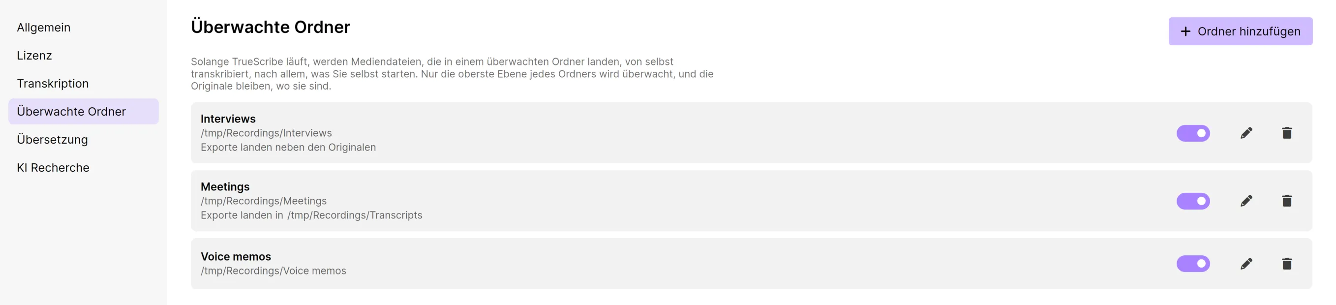 Einstellungen mit drei überwachten Ordnern, Interviews, Meetings und Voice memos, jeweils mit eingeschaltetem Schalter Überwachen und dem Hinweis, wo die Exporte landen