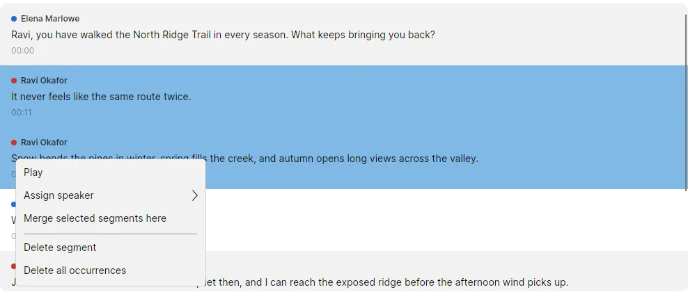 The segment menu open over two selected segments, with Merge selected segments here and Delete segment