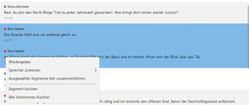 Das Segmentmenü über zwei markierten Segmenten mit den Einträgen Ausgewählte Segmente hier zusammenführen und Segment löschen