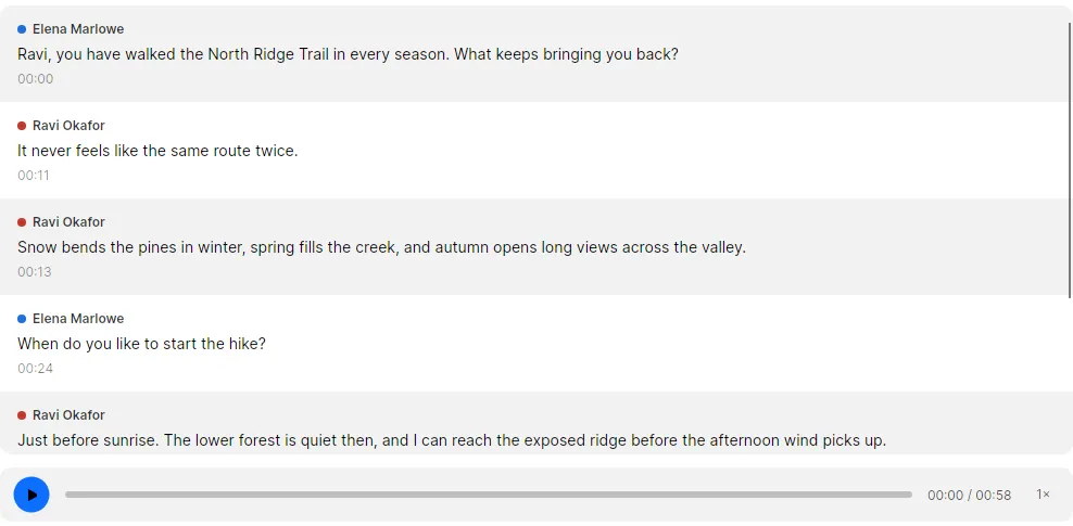 The transcript in Segments mode, every segment with its speaker and start time, and the player below the list