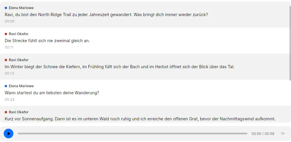Das Transkript im Modus Segmente, jedes Segment mit Sprecher und Startzeit, darunter der Player