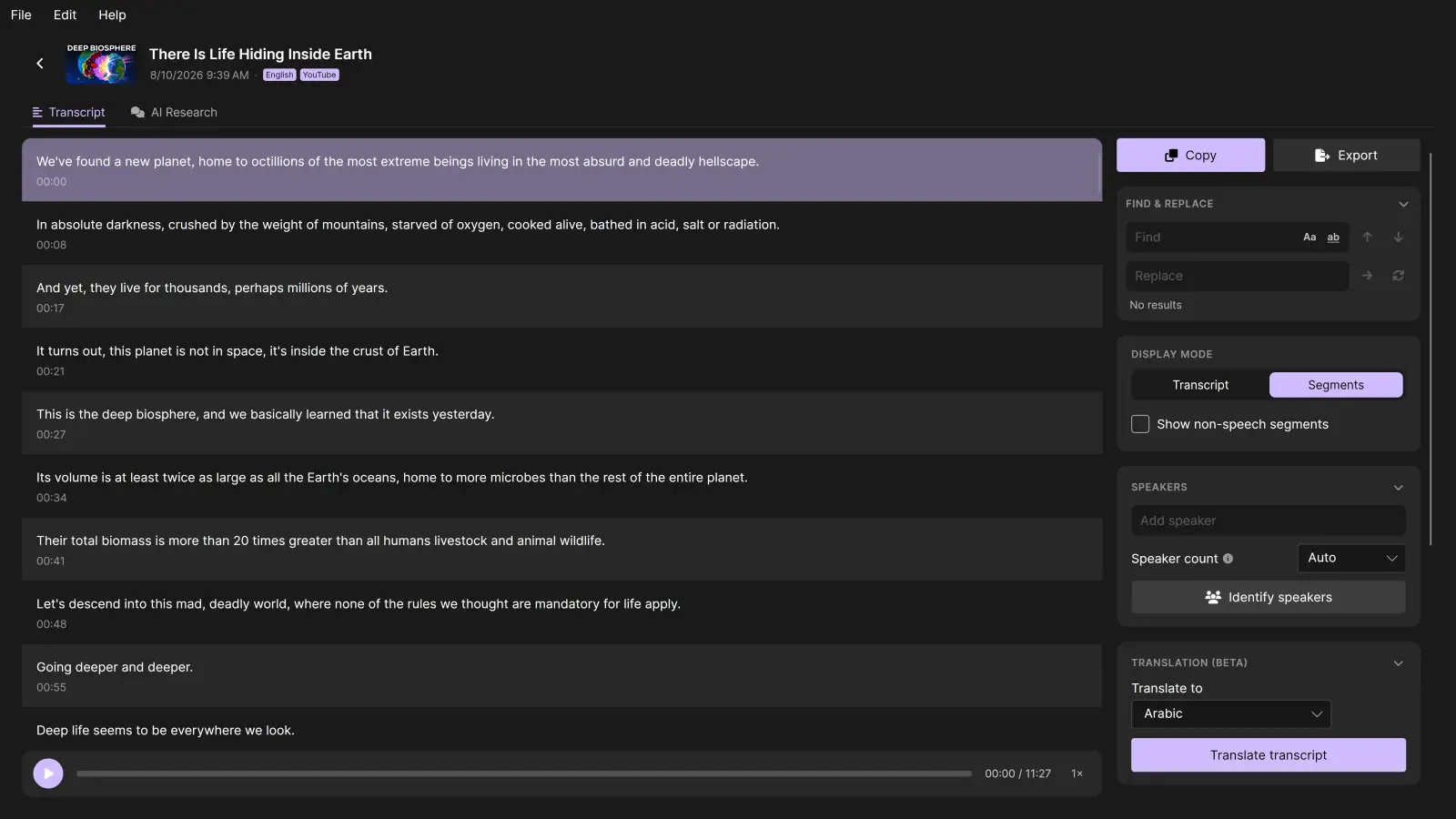 The TrueScribe transcript editor showing “There Is Life Hiding Inside Earth”, with timestamped segments beside the transcript tools.