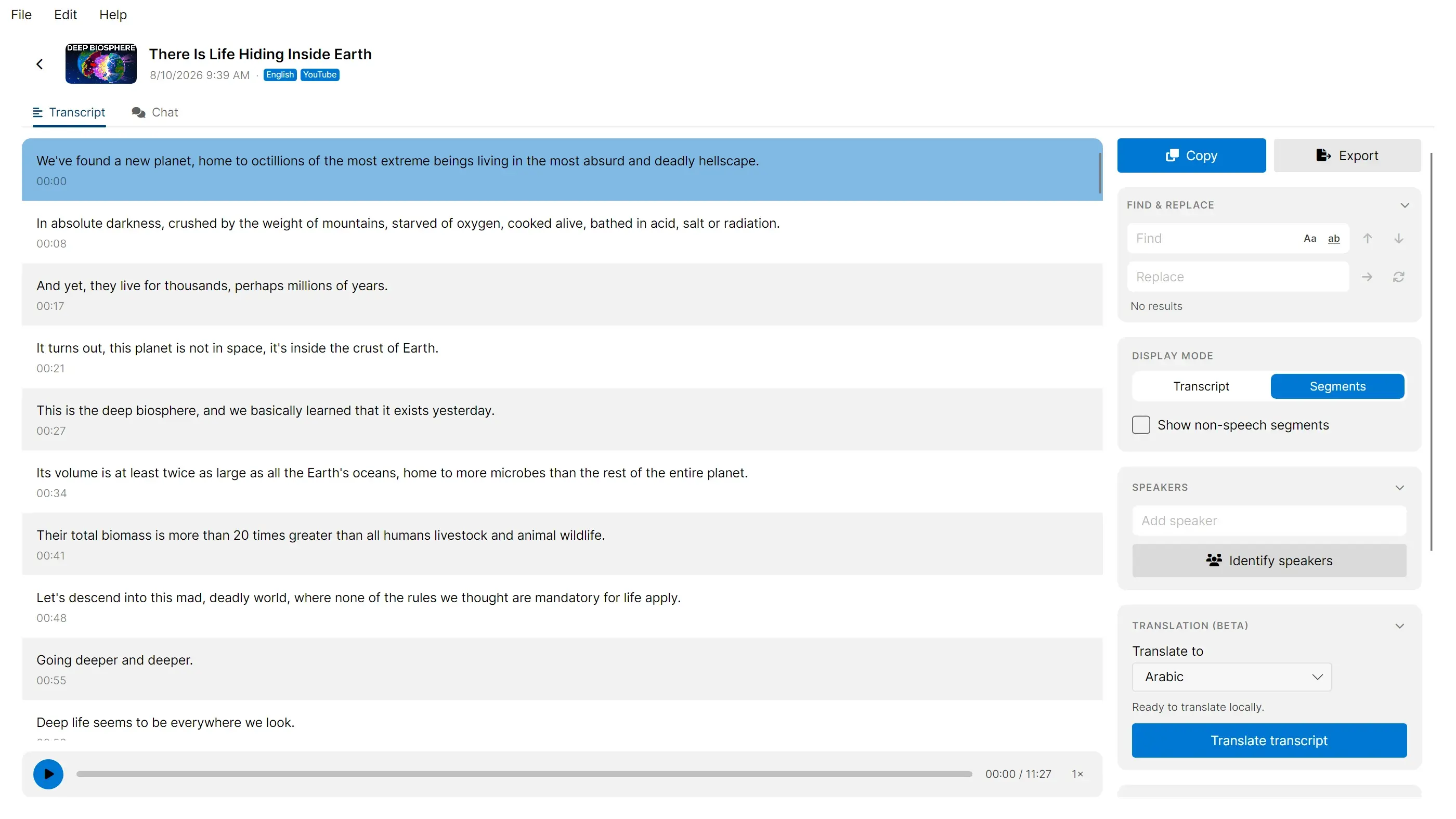 The TrueScribe transcript editor showing “There Is Life Hiding Inside Earth”, with timestamped segments beside the transcript tools.