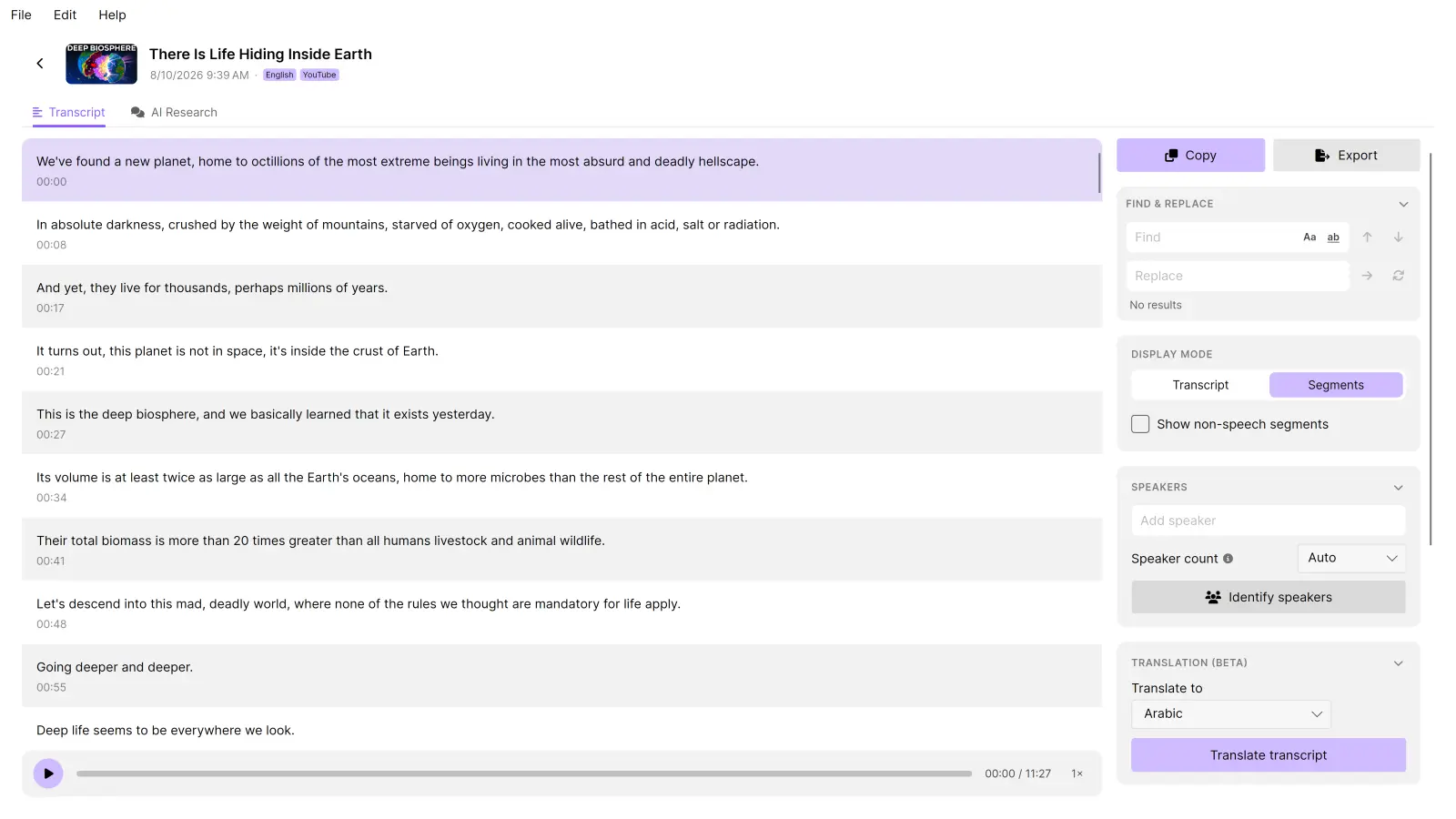 The TrueScribe transcript editor showing “There Is Life Hiding Inside Earth”, with timestamped segments beside the transcript tools.