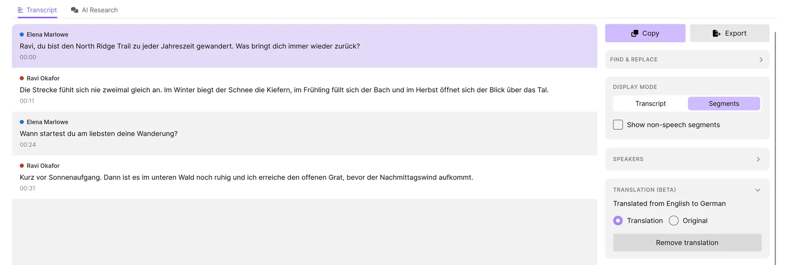 The North Ridge interview translated from English to German, with the Translation panel showing the Translation and Original switch