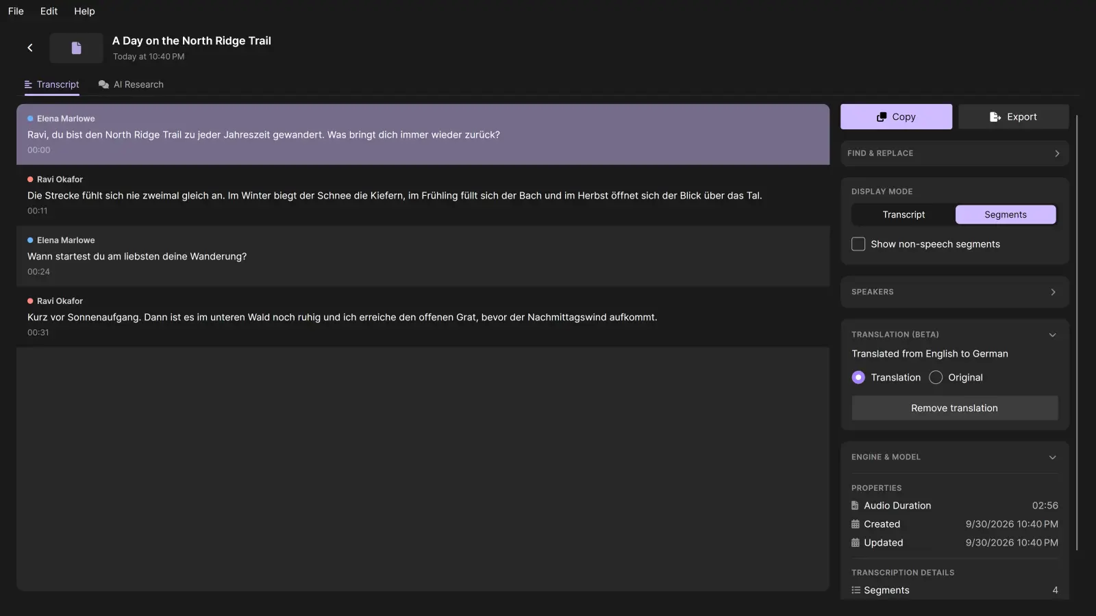 TrueScribe showing a German translation of the demonstration interview.
